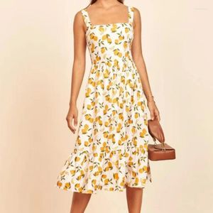 Casual Dresses 2024 Top Quality Women Fashion Linen Beach Style Floral Print Flounced Edge Square Collar Camisole Mini Dress