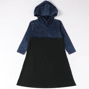 Ragazze vestite a maniche lunghe abiti per bambini per ragazze inverno bambini casual abbigliamento con cappuccio denim nero 240403