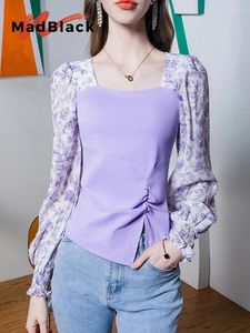 Camisetas femininas Madblack Roupas Europeias Tshirts Mulheres Sexy Collar Square Print Slim Tops Long Puff Sleeve Tee Spring Autumn T43463JC