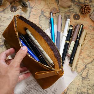 Bags Genuine Leather Large Capacity Fountain Pen Case Box Office School Stationery Pen Pencil Storage Pouch Holder Zipper Design