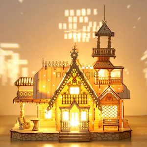 Kitchens Play Food 3D Wooden Puzzle Villa House Royal Castle with Light Assembly Toy Kid Adult DIY Model Kits Desk Decoration for Gift 2443