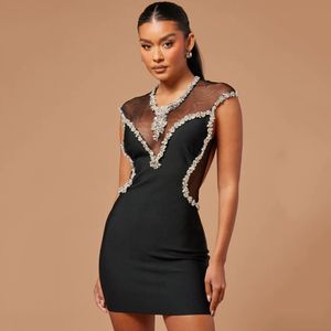 Sexig Rhinestone Women Lady Mini Bodycon Bandage klänningar GASE SE genom Party Dress Party Club Prom Clothes HL5321