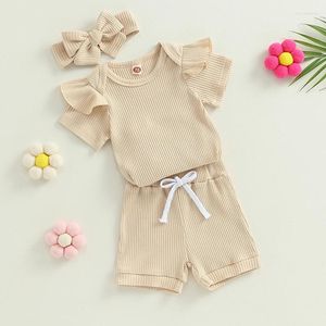 Kläderuppsättningar Kupretty Born Baby Girl kläder Summer Outfit Solid Knit Ruffle Short Sleeve Romper Bodysuit Shorts Spädbarnsset