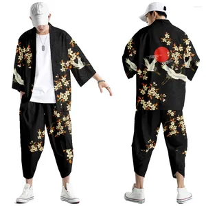 Erkeklerin Trailtsits İki Parçalı Takım Büyük Boy XXS-6XL Japon Tarzı Moda Kimono ve Pantolon Set Erkekler hırka bluz Haori Obi Obi Asya Giysileri