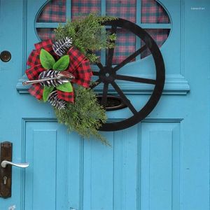 Flores decorativas Christmas Wreath Wagon Wheel Bowknot Ornamento Ornamento Ano Decorações de Casa Drop