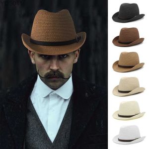 Breda brimhattar Bucket Mens Str Classic Vintage Homburg Hat Bow Band Fedora Trilby Sunhat Jazz Summer Justerbar storlek M-L 7 1/8-7 3/8 YQ240403