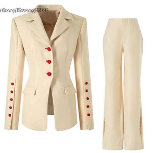 Blazers Women's Suits Two Piece Sets Blazer Pants Beige Women Office Single Breasted Red Button Personalized Tailoring Pantsuits Formal Suit 230320 uits