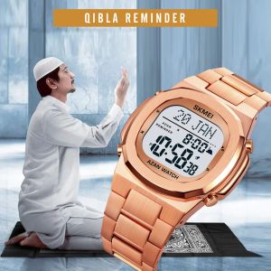 SKMEI Full Steel Muslim Azan Digital Men Watches for Preghiera con Qibla Compass Adhan Alarm Hijri Owatch del polso islamico Montre Homme