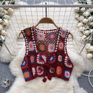 Tanques femininos Sexy Hook Flower Hollow Lace Up Retro Knit Cardigan Vest Corset Bustier Women Fashion Crop Top