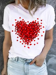Sevgililer Günü Hediyeleri için Kalp Baskı Tshirt Crew Boyun Kısa Kol Günlük Üstler Kadın Giyim 240403