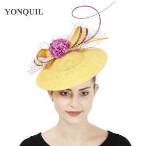 Sweatshirts New Design Yellow with Purple Hair Fascinator Hat Headband Bridal Wedding Party Headpiece Mesh Ladies Ocn Hair Accessories