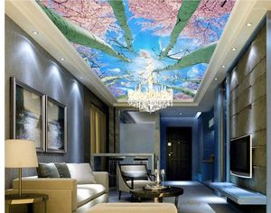 Papéis de parede personalizados 3D Po Wall Paper Sky Cherry Tree Romantic Room Restaurante Pintura de teto Painel mural