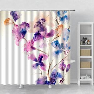 Shower Curtains Plant Flowers Curtain Watercolor Floral Bathroom With Hooks Machine Washable Fabric Decor Blue Purple