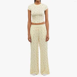 Home Clothing Gaono Women's 2 Piece Lounge Pajamas Sets Floral Long Sleeve Crop Top Wide Leg Palazzo Pants Loungewear Sleep Wear Set