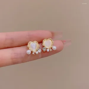Studörhängen Opal Heart For Women Girls Korean Small Sweet Pearl Zircon Wedding Party Fashion Jewelry Accessories Gift