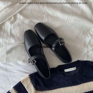 The Row Shoes Sheepskin Version ~ * Rad Square Toe Button Strap Flat Bottom Mary Jane Shoes With a Nisch Design Black Single Shoe High Quality