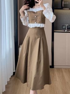 Arbetsklänningar kvinnor elegant kort kappa a-line midi kjol kostym smal koreansk mode kvinnlig hög midja lång ärm vår sommar 2 bit set