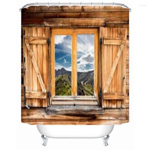 Shower Curtains Mountain And Sky View Wooden Window Decor Curtain Fabric Bathroom Set With Hooks