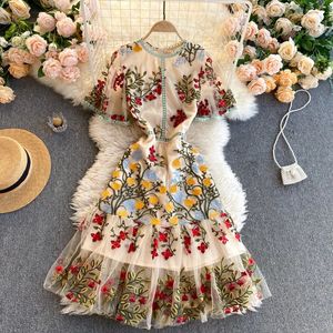 Modebanan Summer Dress Flare Sleeve Floral Brodery Elegant Mesh Hollow Out Midi Dresses 240403