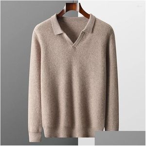 メンズのセーター秋と冬の太いシャツ襟純粋なウールのセーターソリッドカラープローバーカジュアルニットルーズサイズトップドロップ配信dhgjc