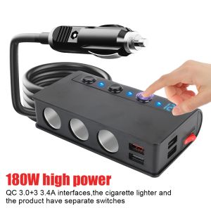 180W 24V 12V Bilkraftsadapter Splitter Cigarettändare Port USB-laddare 3.0 Typ-C-uttag med Switch 10A-säkringstillbehör