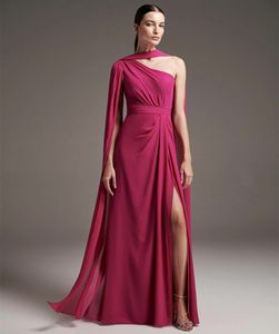 Elegant Long Fuchsia Chiffon Prom-klänningar med slits a-line en axel veckad golvlängd dragkedja bakre kvällsklänningar med slits för kvinnor