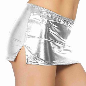 Urban Sexy Dresses Women Fashion Micro Kjol Shiny Metallic Faux Leather Split Kirt Night Club Pole Dancing Low Midje Elastic Midjeband Miniskirts 240405