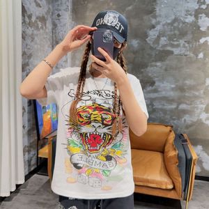 エドファッションプリントホットダイヤモンドクラシックタイガーヘッドTシャツメンズアンドウィメンズカジュアルコットンプレーヤーチャイナシック半袖夏