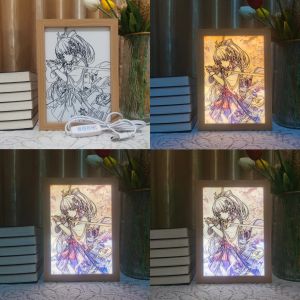 Novo 3D LED Photo Frame Frame Anime Lamp Wanderer Genshin Impacto Arte Pintura Design Night Light Ataque Titan Decoração Decoração Infantil