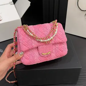 Pink Knitting Tweed Women Designer Spall Borsa Decorazione Pearl Decoration Classic Gold Hardware Matelasse Catena adorabile Lady Cross Body Bottos