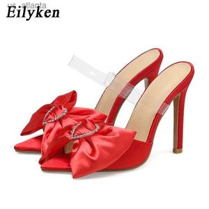 Dress Shoes Satin Butterfly-knot Pointed Toe Women Slippers Fashion Shallow Party Thin High Heels Slide Female H2404035CHB