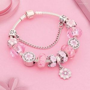 Braccialetti di fascino romantico rosa fiori di ciliegio bracciale fiore simpatico perle di pianta cristallo smalto per donna regalo di Natale