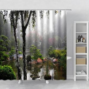 シャワーカーテンガーデンランドスケープカーテン中華日本の中庭湖森林自然景色の浴室の家の装飾フック付き