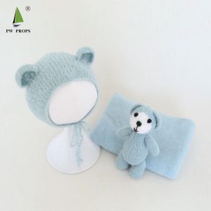 Fotoğrafçılık Vintage Teddy Bear Bonnet oyuncak seti örgü Streç Tiftik Sarma Şapkası ve Oyuncak Treepiece With Yeni doğan fotoğrafçılık sahne