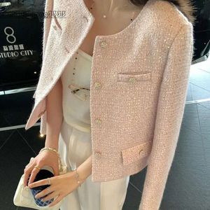 Fragrance Sequin Small Short Coat Tweed Elegant Temperament Female Tops Autumn Korean Chic Pink O Neck Jackets Woman 240201