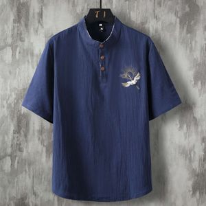2024 Kinesisk stil bomull och linne kortärmad t-shirt för mäns tunna broderade kran-t-shirt, Henry-skjorta för mäns lekmanens slitage