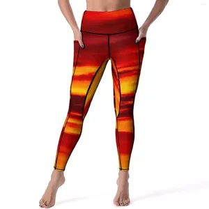 Kvinnors leggings färgglada himmel tryck ljus röd solnedgång gym yoga byxor hög midja söta ben