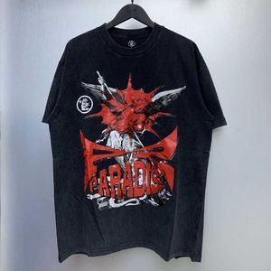 American Street Heavyweight High Street Hell Star Retro lavado e angustiado de mangas curtas de mangas curtas e feminino de pescoço redondo camiseta hip-hop