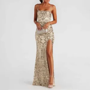 Abiti casual Elegante paillettes maxi da sera femmina sexy senza spalla fuori spalla a fessura alta spaghetti cinghia da donna abito da festa formale