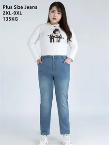 Kadın kot pantolon artı 9xl 8xl 7xl 130kg büyük yüksek bel ince fit pantolon gergin koyu mavi uzun pantolon kadın kot kıyafetleri