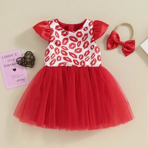 Sevgililer Günü Kıyafetleri Bebek Giyim Kız Kısa Kollu Dudaklar Baskı Tül Elbise Kafa Bandı Seti Toddler Giysileri 240403