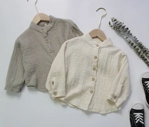 Autumn Baby Boys Cotton Linen Shirts Pure Color Korean Style Stand-up Collar Toddlers Kids Long Sleeve Shirts Tops 240318