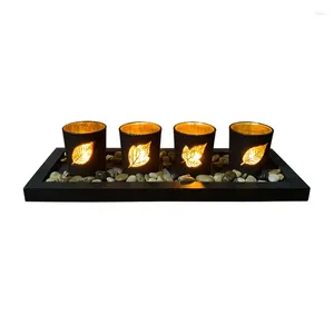 Candle Holders Glass Liście Zestaw uchwytów obejmuje 4 kubki naturalne kamienie i drewniana taca na domową sypialnię tabletop