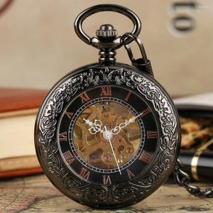 Relógios de bolso vintage preto manual relógio mecânico com caixa rosa ouro numerais romanos dial fob corrente relógio presente masculino