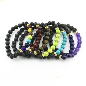 Bracciale di chakra naturale in perline Bracciale nera Vulcanica perle di lava Yoga Healing Reiki Preghiera NCE BUDDHA braccialetti Braccialetti incantanti Fashion Drop dhwfv