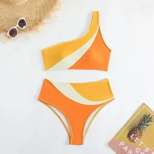 Mulheres Swimwear Laranja Patchwork Swimsuit Mulheres Cintura Alta Biquíni de 2 Peças 2024 Único Ombro Backless com Praia Acolchoada Terno