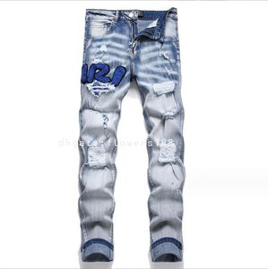 Herren Jeans New Fashion Blue Ripped Jeans Muster bestickter Stretch Bleistift Herren Jeans Jeans Männer Jeans Männer 42 Jeans Männer 5xl Jeans Männer Baggy Jeans Männer Druck drucken