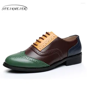 Casual Shoes Genuine Cow Leather Brogue Designer Vintage Lady Flats Handmade Oxford For Women Blue Brown 2024 Spring