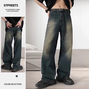 American Retro distressed jeans mens high street straight loose washed wideleg denim trousers male streetwear 240323