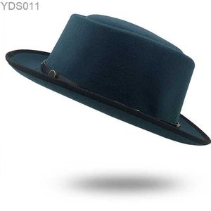 ワイドブリム帽子バケツシンプルなウールメンズピッグスキンハットパパはブラックフェドーラ紳士フラットボウリングボールYQ240403を使用します